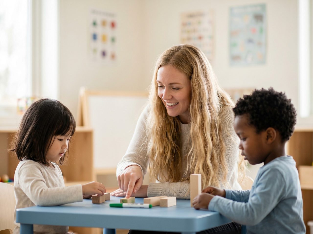 A teacher counting blocks with two children