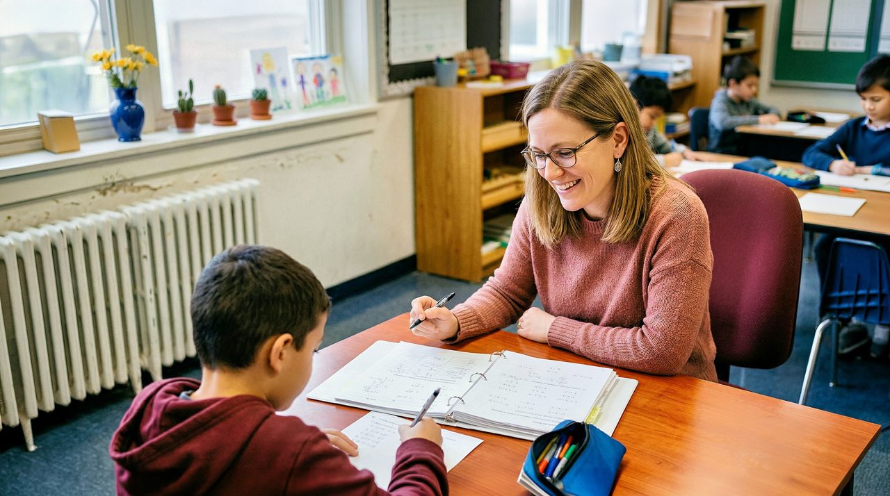 A teacher helping a boy with his work